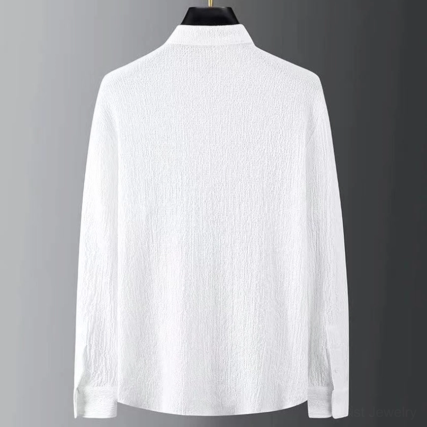 Men's white Buddhist meditation linen shirt back view, curved hem monastic design