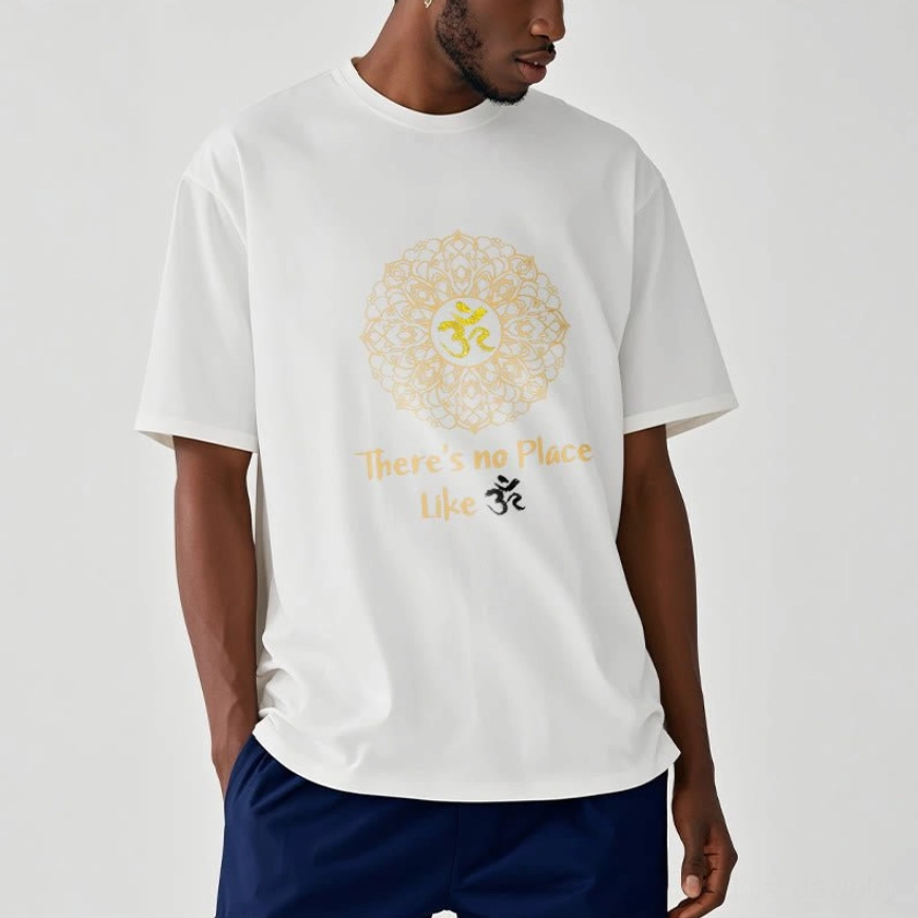 Men's white Om mandala graphic tee worn by male model in side pose, relaxed loose fit studio mockup