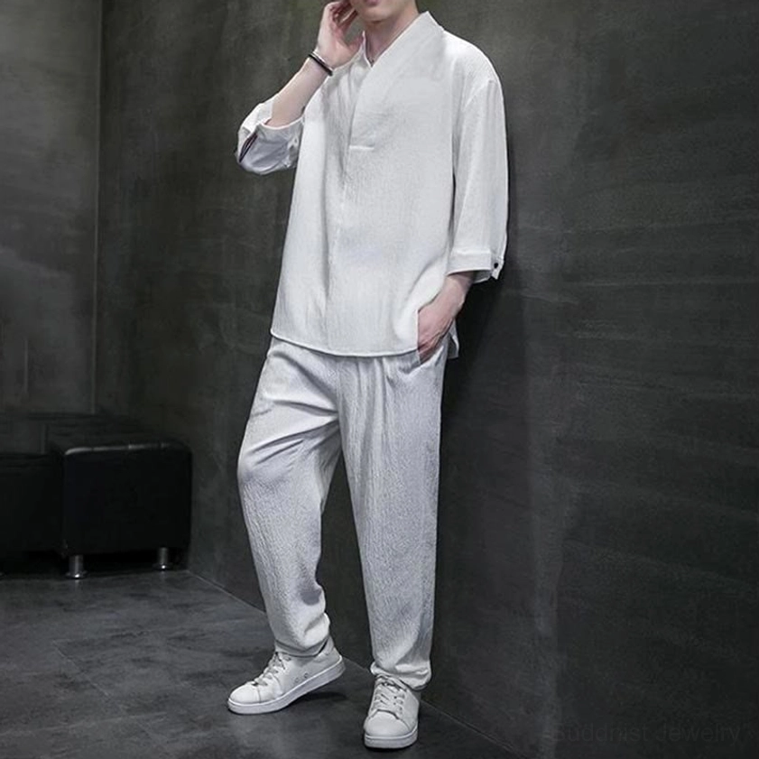 Zen Buddhist casual mens outfit white three-quarter sleeve V-neck shirt gray pants side profile