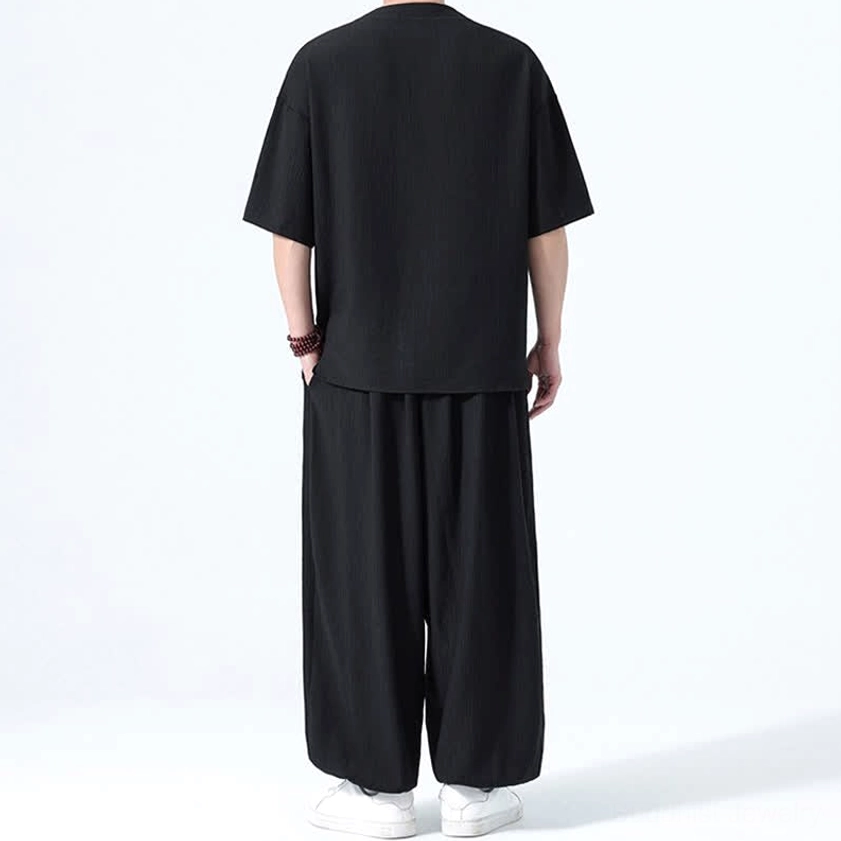 Men's meditation clothing set black rear view drawstring waist and ankle length harem pants
