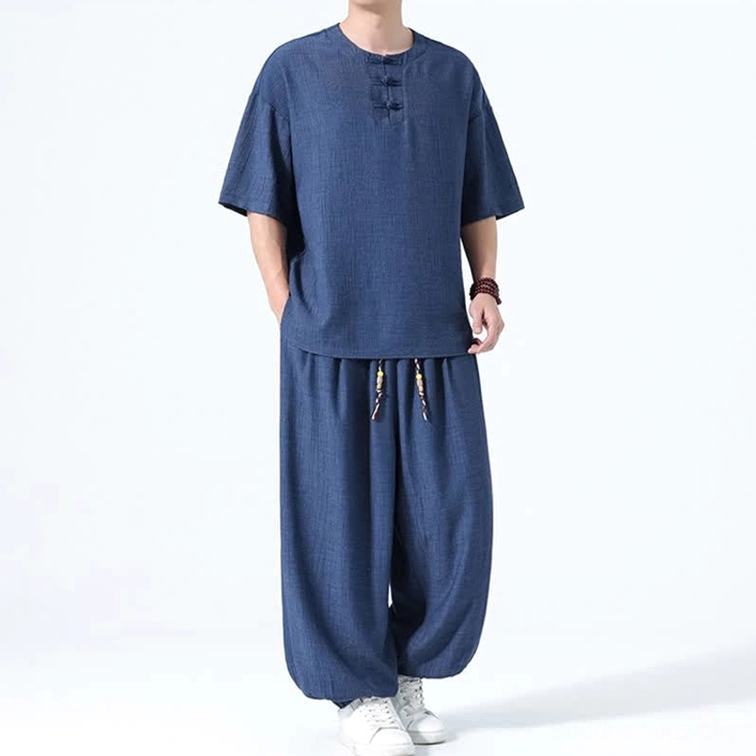 Men's spiritual relaxation wear navy blue front view hands pockets classic frog button details