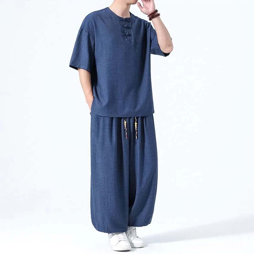 Men's spiritual clothing navy blue left three-quarter view frog button crew neckline