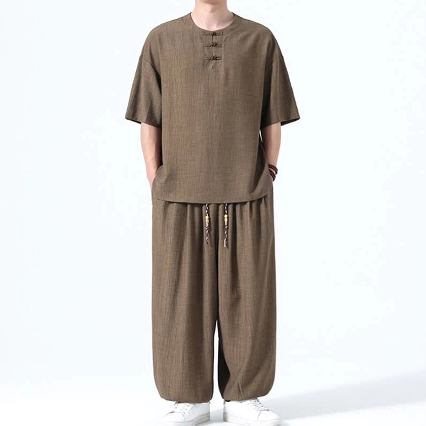 Men's Buddhist inspired relaxation wear front view brown with frog buttons and functional pockets harem pants