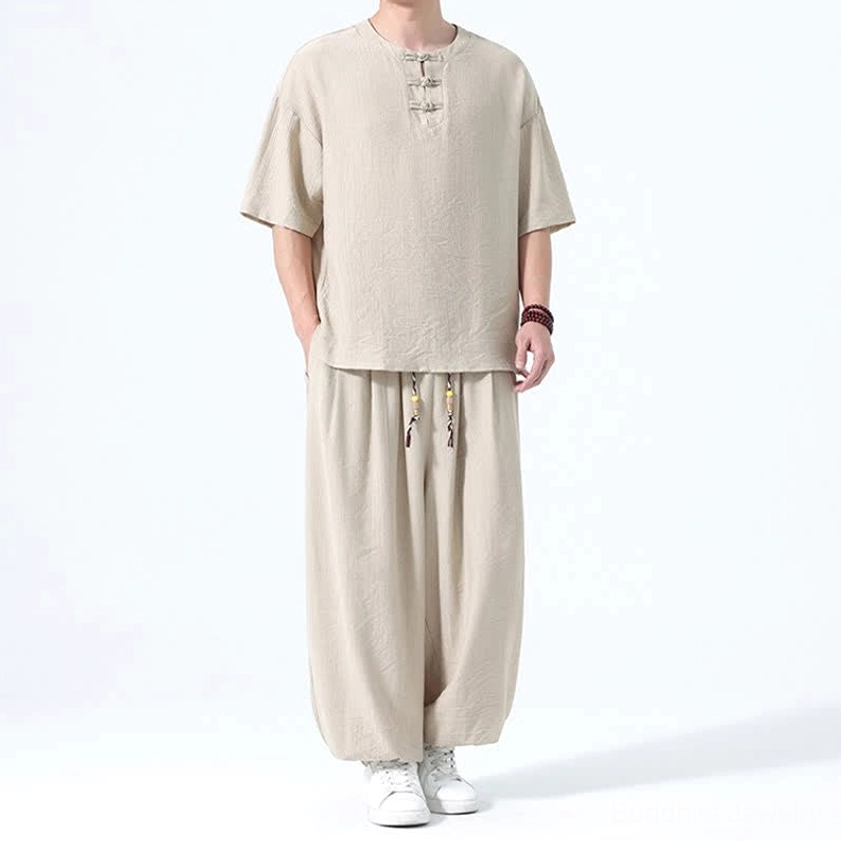 Men's Buddhist inspired relaxation wear wheat front view hands pockets frog buttons