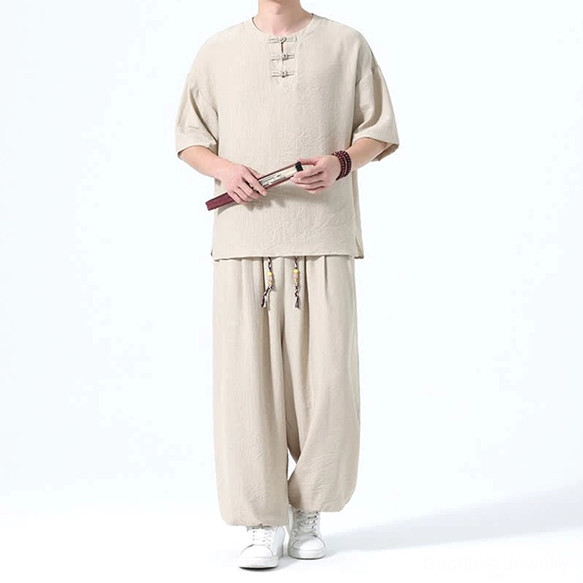 Men's Buddhist inspired meditation clothing wheat left three-quarter frog button shirt