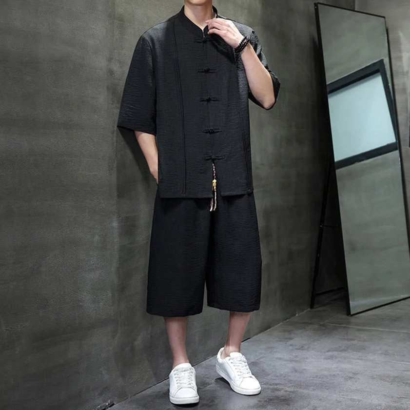Men's zen meditation clothing in black with elbow-length sleeves for mindfulness practice