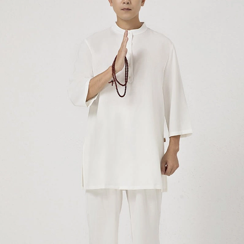 Full-body front view of men's zen meditation clothing set, breathable cotton linen fabric with natural texture, stand collar design