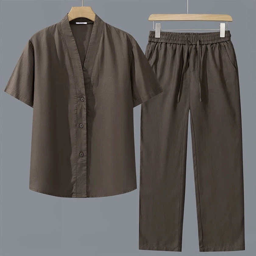 Dark brown men's zen meditation two-piece set with V-neck button-up shirt and elastic drawstring trousers flat display