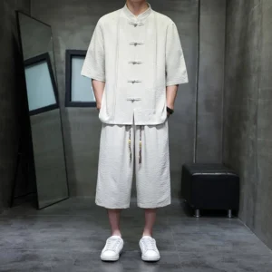 Men's zen meditation tang suit full front view with mandarin collar and frog buttons in beige linen blend fabric