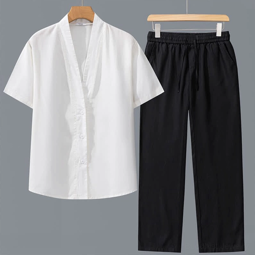 White shirt paired with black drawstring pants men's zen meditation two-piece set front view with V-neck
