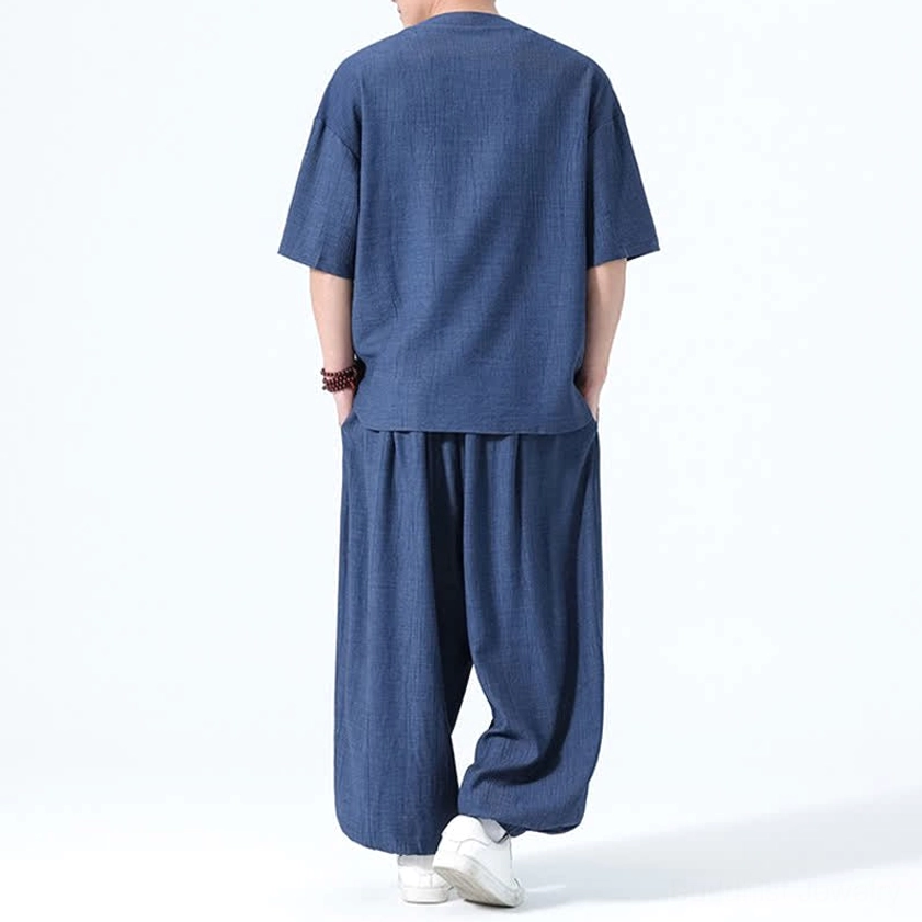 Men's meditation linen set navy rear view drawstring waist plain back design