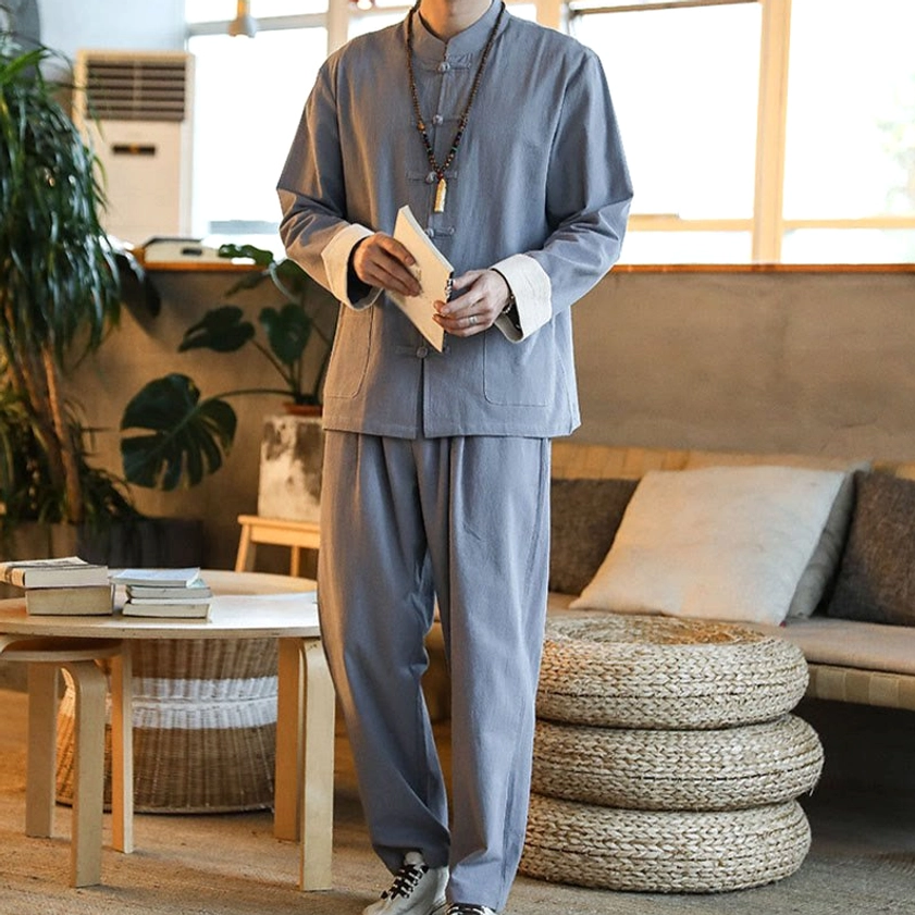 Zen Tang suit with layered white inner top, gray tonal design for spiritual mindfulness wear