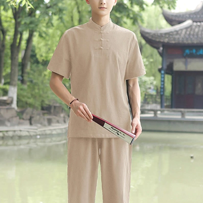 Men's khaki Tai Chi meditation uniform relaxed fit cotton linen 2-piece set
