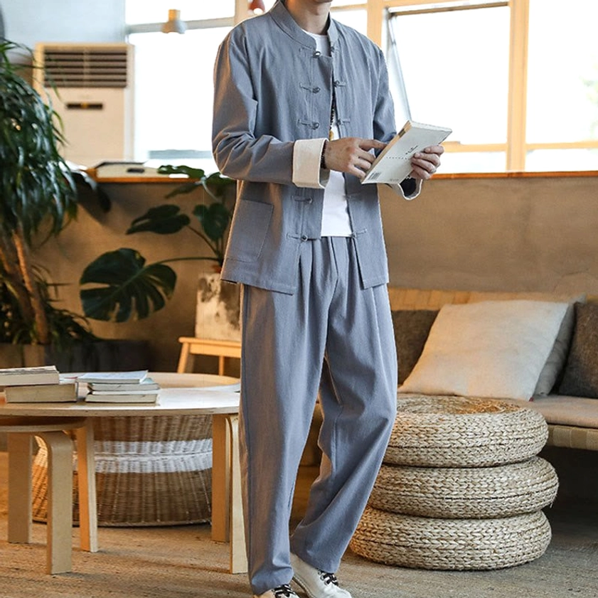 Men's Zen Tang suit with contrast white cuffs, perfect for casual daily spiritual practice