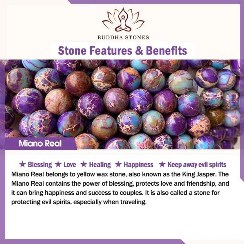 Product information and benefits guide card for Miano Real stone lotus mala featuring healing properties and spiritual benefits
