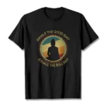 Mindfulness Buddha meditation cotton t-shirt front flat lay with retro circular print design on pure white background
