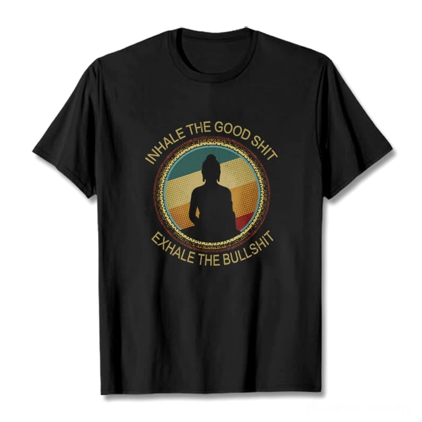Mindfulness Buddha meditation cotton t-shirt front flat lay with retro circular print design on pure white background