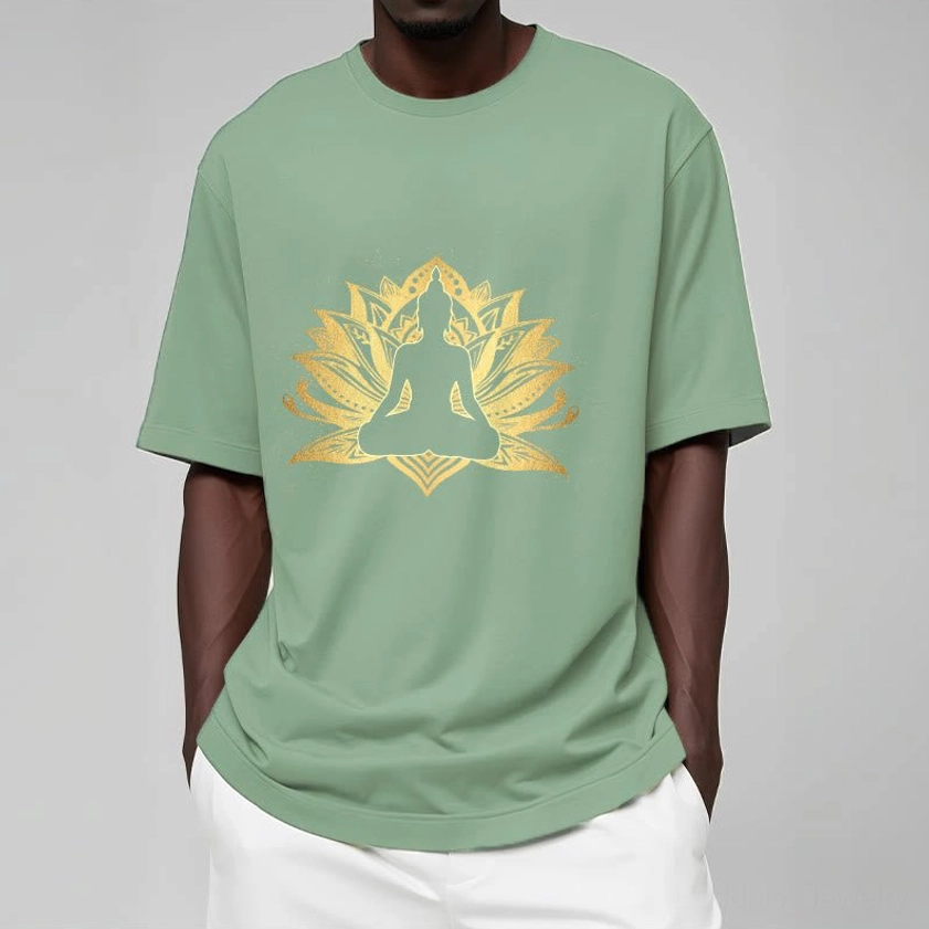 Mindfulness Buddha meditation t-shirt with gold lotus print, relaxed fit casual wear display