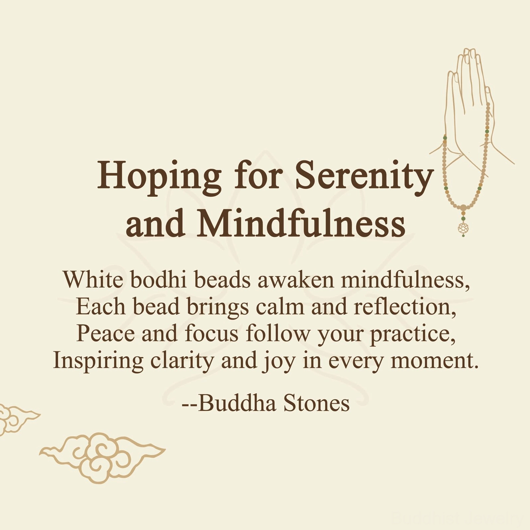 Buddhist mindfulness greeting card with serenity quote and religious motifs, included with mala purchase
