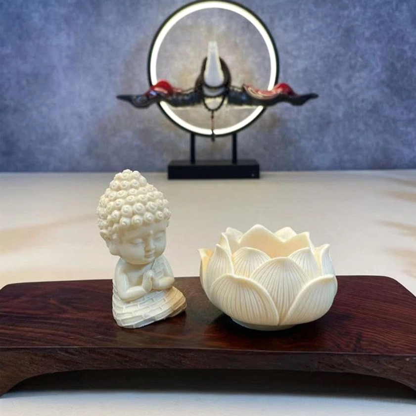 Mini praying Buddha with lotus holder - ivory white handcrafted Buddhist decoration