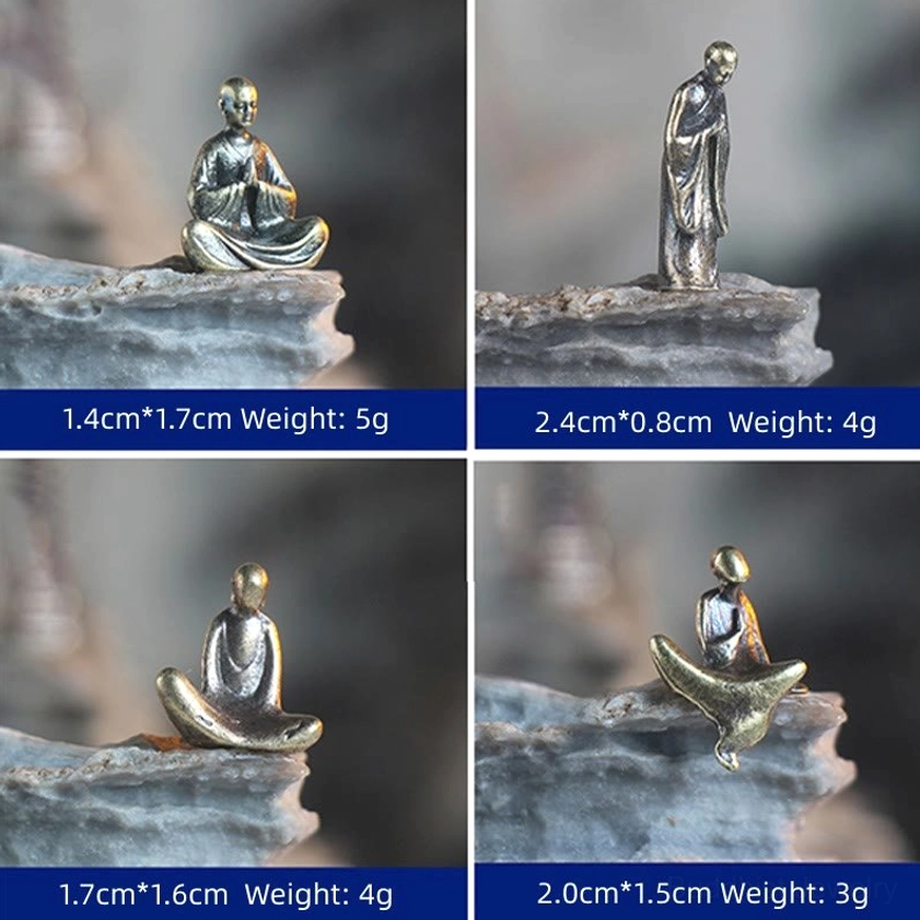Four types of mini bronze Buddha figurines with varying sizes and meditation poses, individual close-up shots on small rock bases showing authentic handcrafted quality