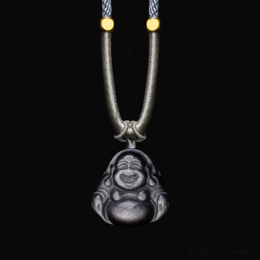 Mini laughing Buddha obsidian pendant necklace front view, small Buddha pendant with light grey braided rope and gold tone decorative accent beads