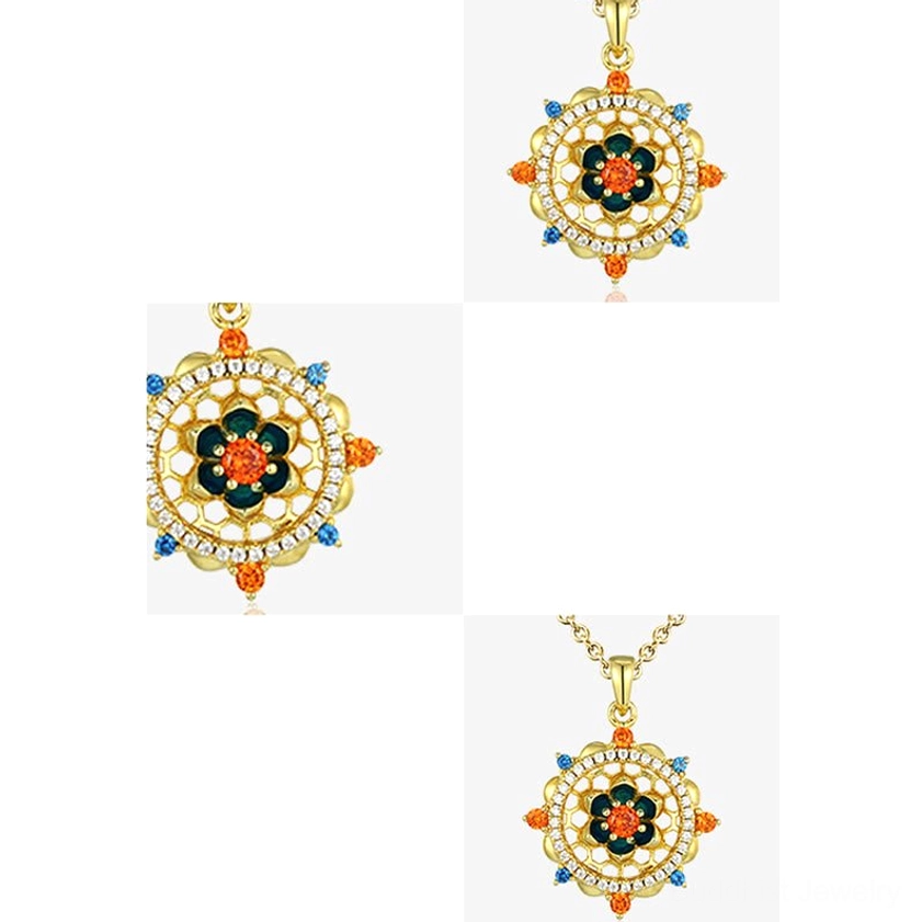 Mini lotus flower pendant with orange and blue zircon accents, compact 18.5mm size perfect for layering