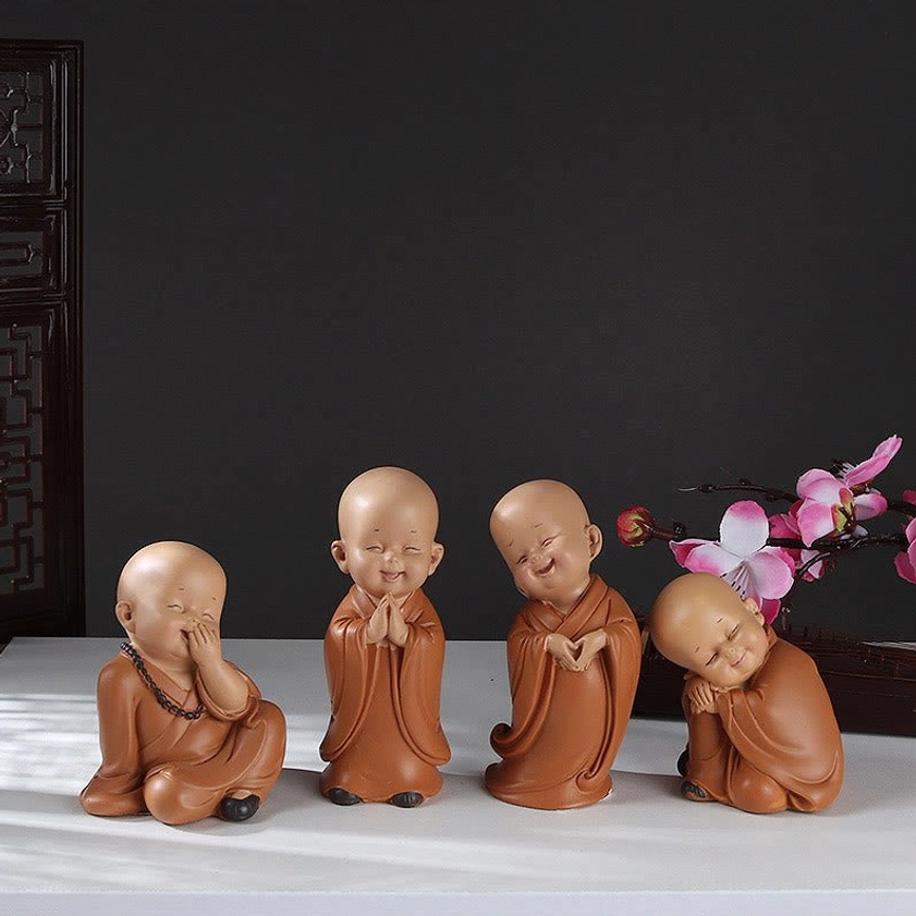 Four handcrafted mini monk figurines with sitting poses, terracotta resin finish, Buddhist spiritual home decoration