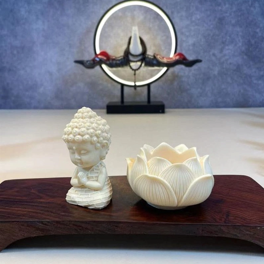 Miniature praying Buddha and lotus bowl - handcrafted ivory fruit spiritual set