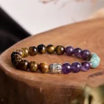 Mixed gemstone Buddha head bracelet with tiger eye, amethyst, green aventurine beads and silver Buddha charm in flat lay
