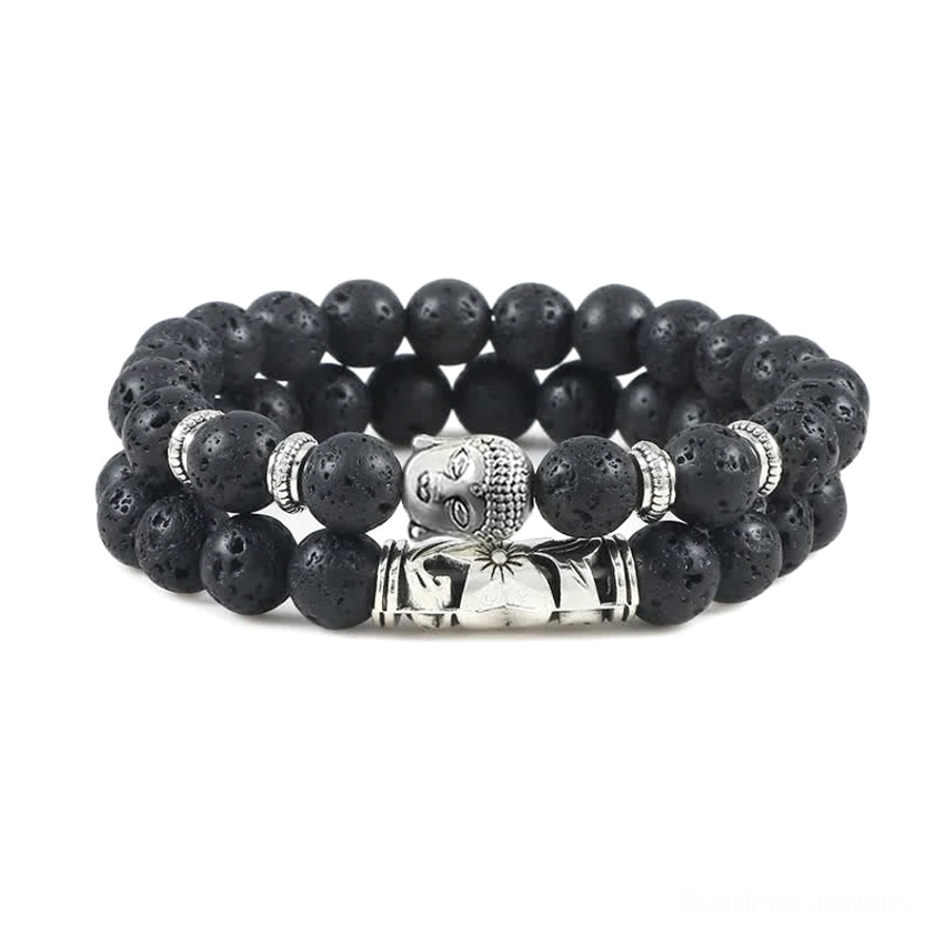 Mixed natural stone Buddhist protection bracelet with two-tone beads featuring spiritual Buddha symbol
