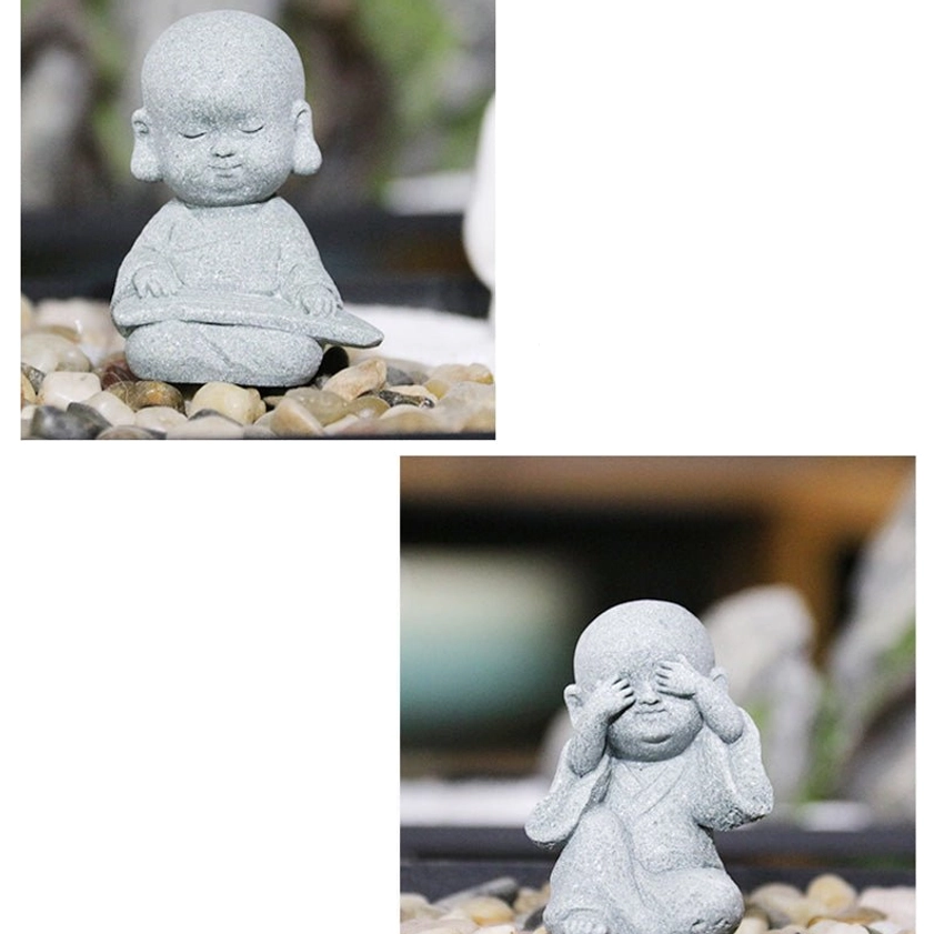 Multiple handmade monk Buddha statues arranged in zen meditation space for home sanctuary