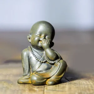 Laughing Monk Covering Mouth Cast Resin Statue with Prayer Beads - Iron Powder Handcrafted Meditation Figurine