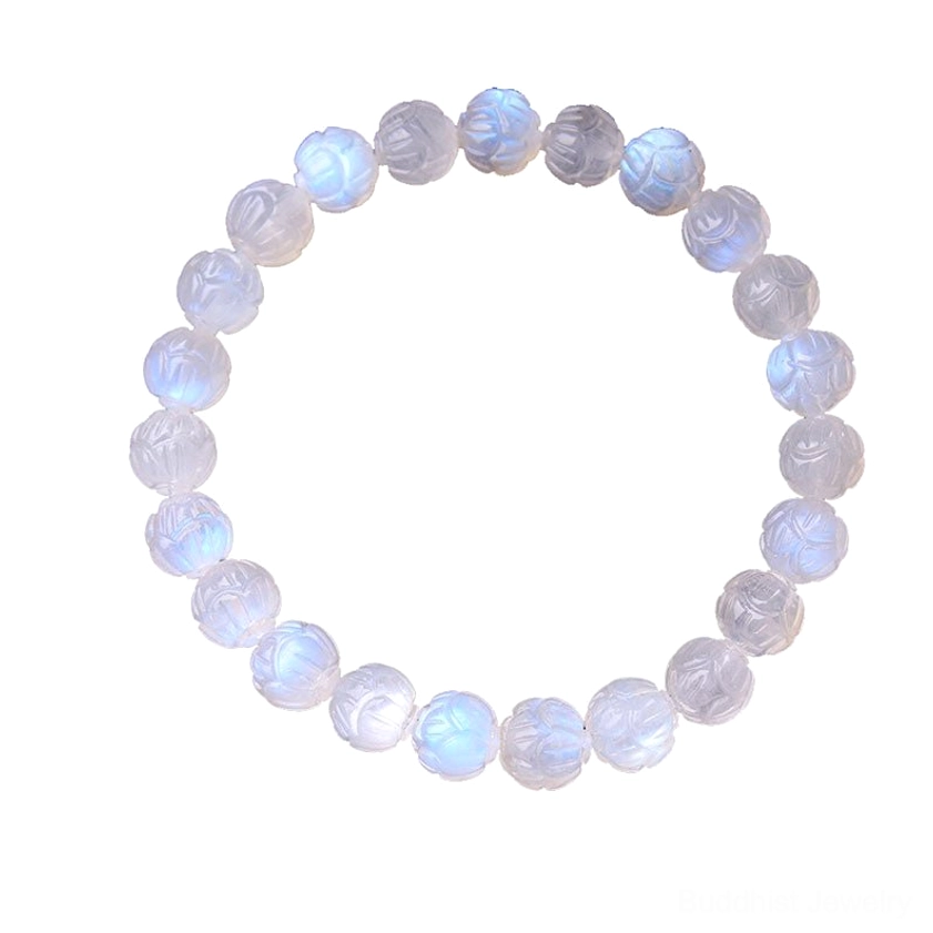 Natural moonstone bracelet under moonlight showing enhanced blue iridescence and energy activation property