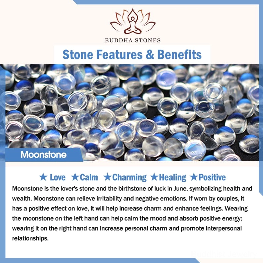 Moonstone healing benefits guide featuring round moonstone beads highlighting love, calm, charming and positive healing properties