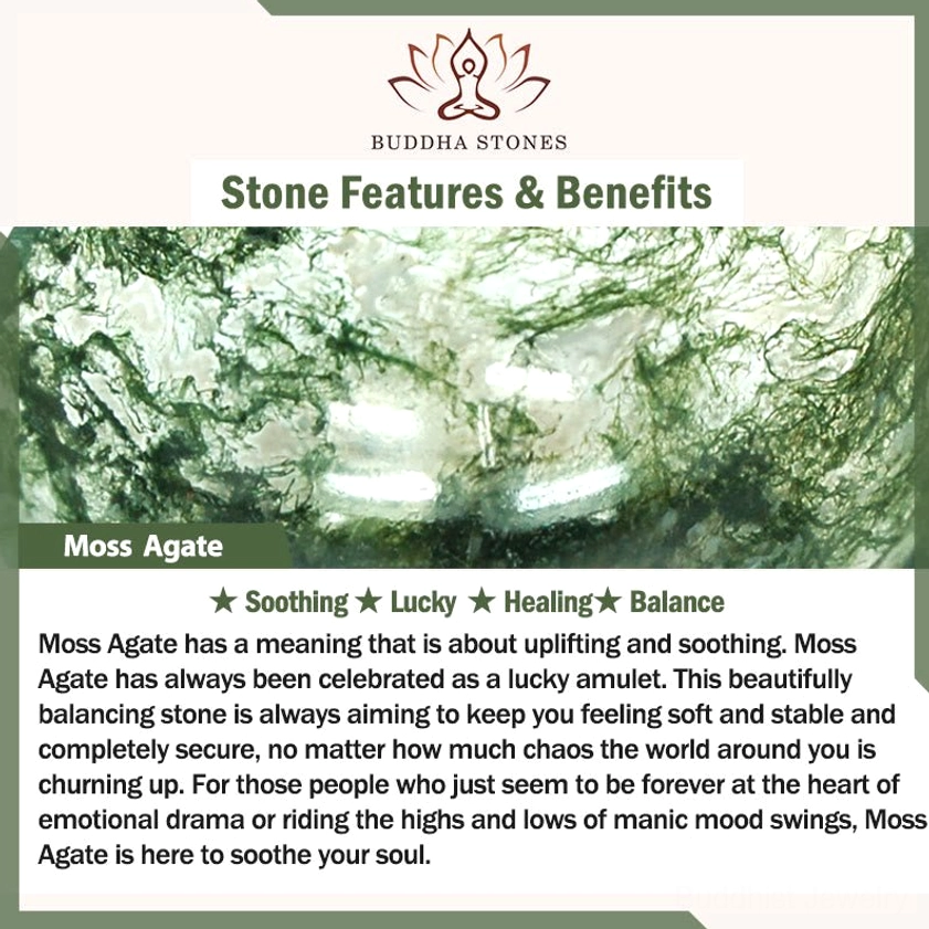 Moss agate healing benefits infographic by Buddha Stones showing soothing lucky balancing properties and stone texture close up
