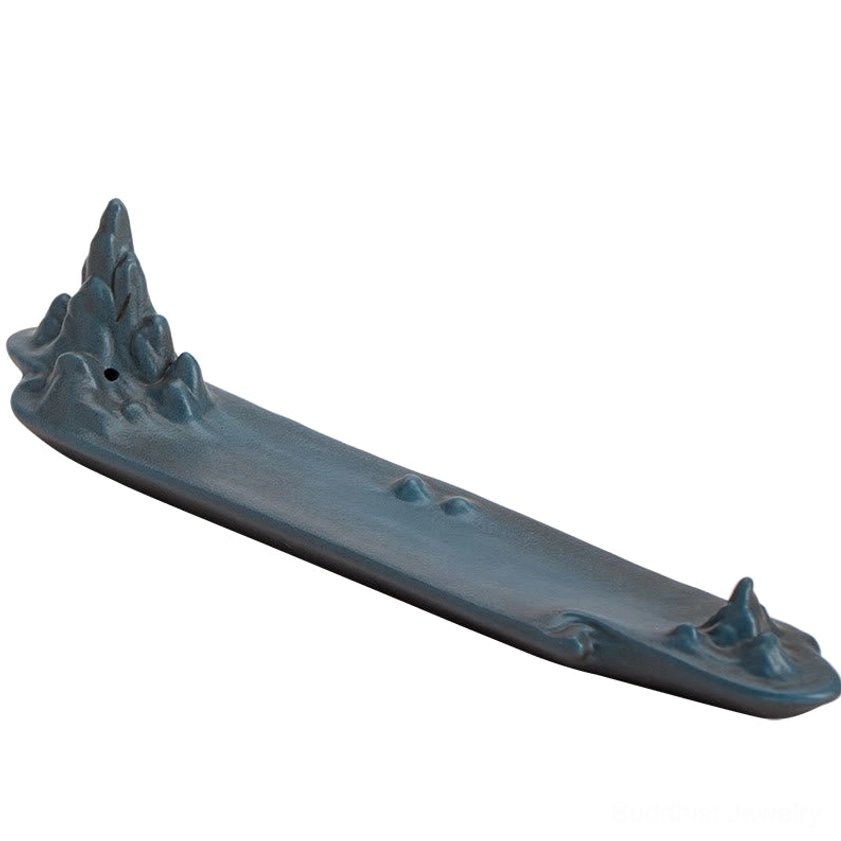 Alternative angle of mountain ceramic incense burner displaying overall shape and functional design for spiritual practice and home decoration