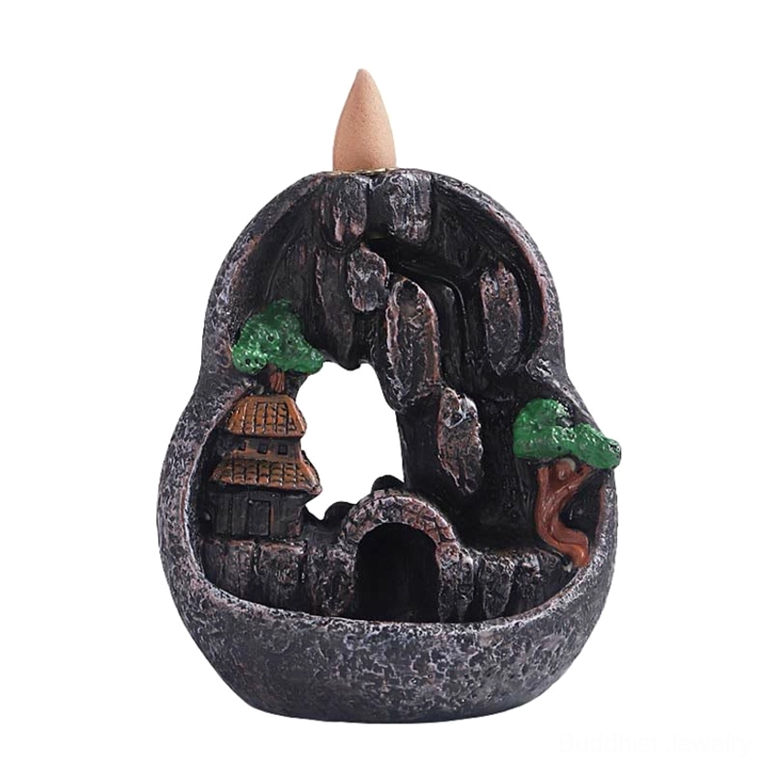 Mountain landscape backflow incense burner with natural stone texture finish