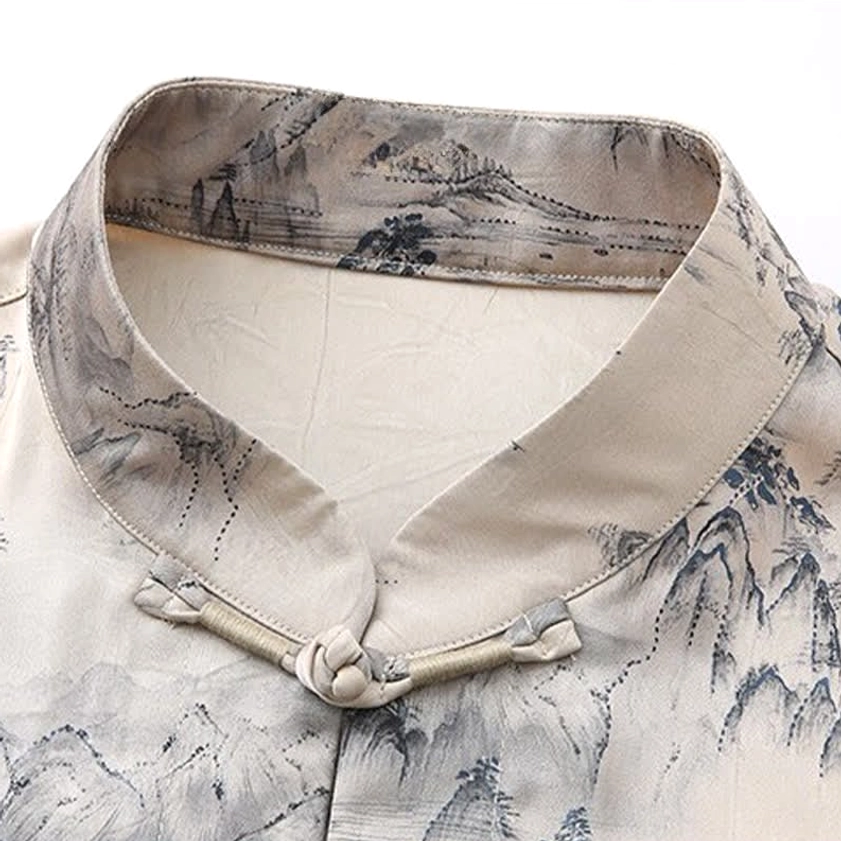 Ink Mountain Print Fabric Hem Detail - Spiritual Meditation Wear Stitching