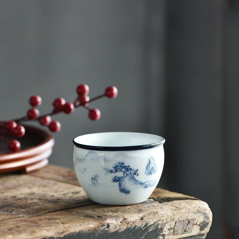 Simple mountain landscape ceramic tea cup, blue-and-white traditional Buddhist art design