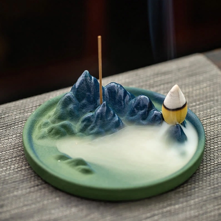 Mountains style ceramic Buddhist backflow incense burner standalone view with frosted matte ceramic finish and indigo mountain peak