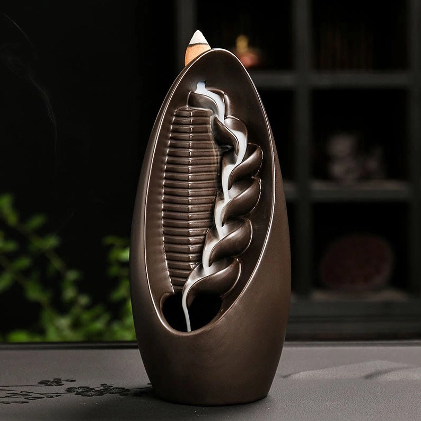 Mountains Water Buddhist ceramic backflow incense burner with wavy ridge smoke channel design and cascading smoke effect