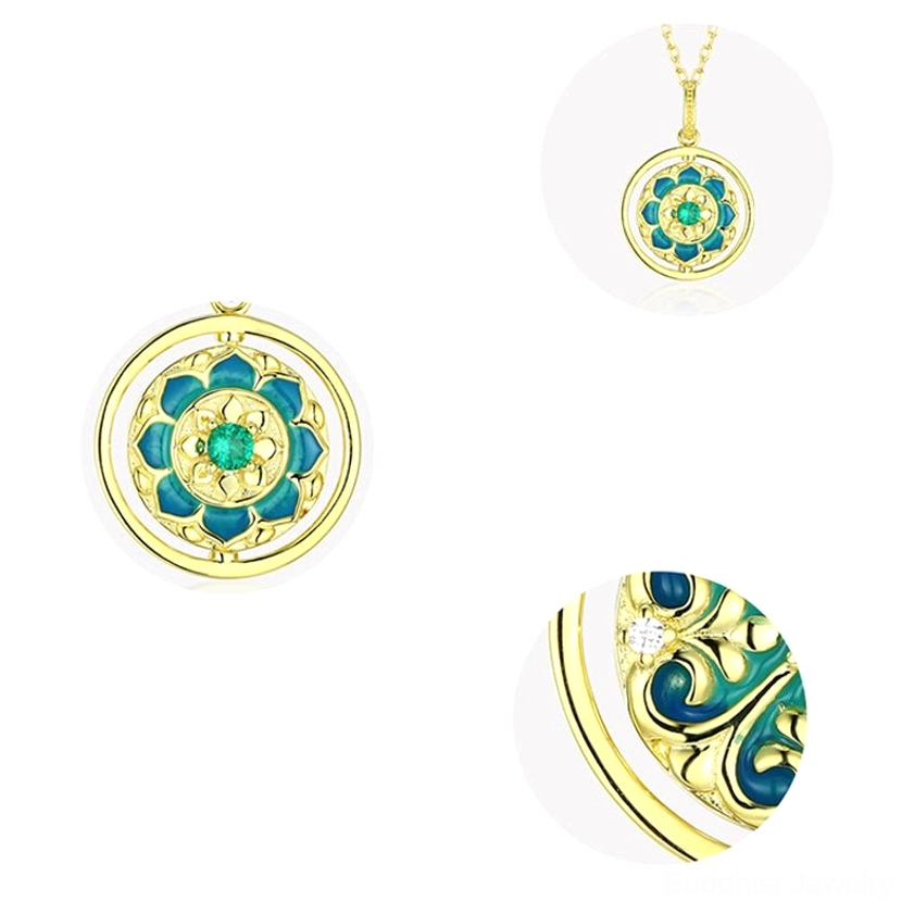 Multi-angle views of rotatable sterling silver lotus pendant with gold and blue enamel design