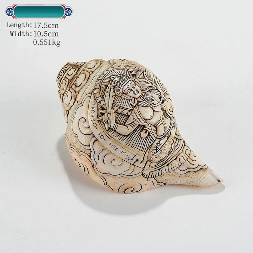 Hand-Carved Tibetan Buddhist Conch Shell with Multi-Armed Deity Engraving and Official Product Details