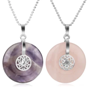 Multi-chakra lotus crystal healing necklace pendant with amethyst and gemstones - front flat lay view