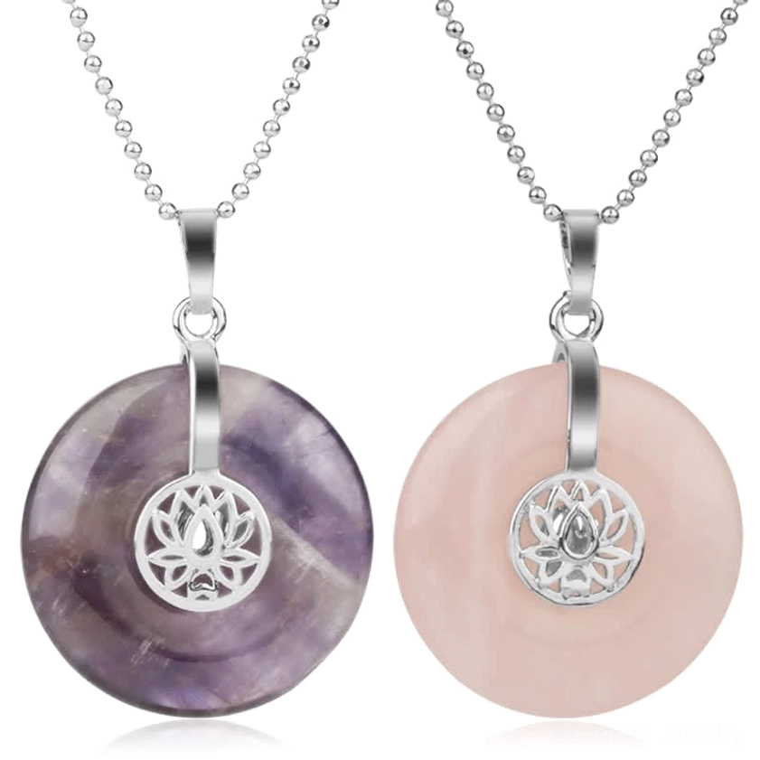 Multi-chakra lotus crystal healing necklace pendant with amethyst and gemstones - front flat lay view