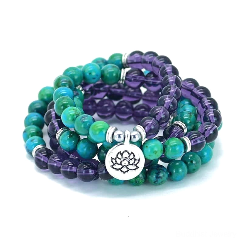 Multi-layer coiled amethyst green aventurine bracelet with silver lotus pendant showing gemstone detail