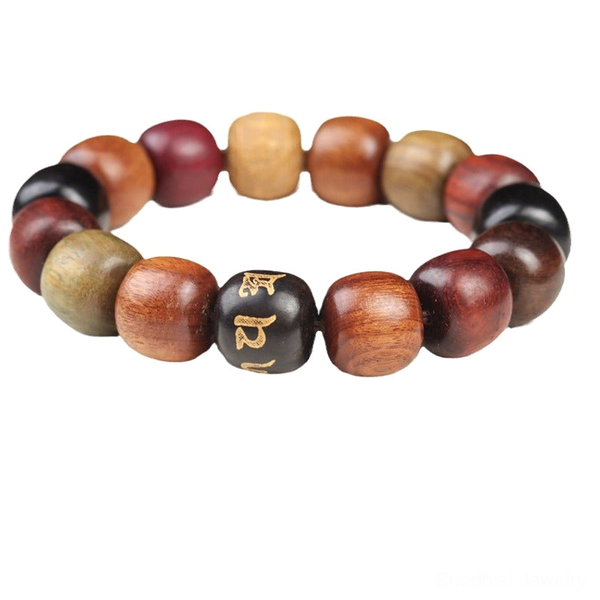 Om Mani Padme Hum Buddhist bracelet complete product display, multi-wood prayer beads with golden engraved Sanskrit mantra for meditation and spiritual protection