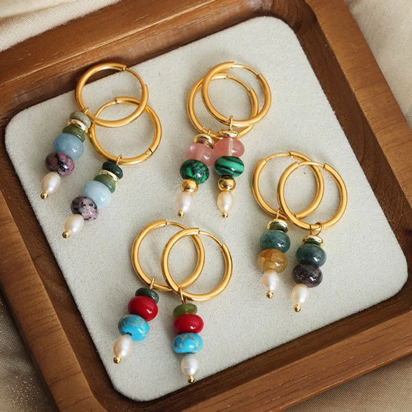 Multicolor natural stone agate earrings stacked pendant - showing variety of Buddhist crystal stone options