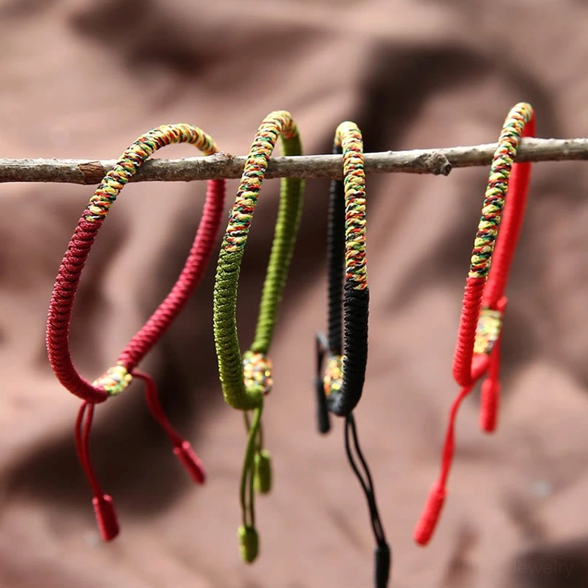 Assorted multicolor Buddhist braided bracelets in red, green, and black tones displayed on thin twig with adjustable tassels, hung from side view